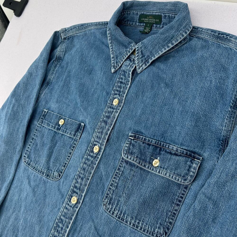 Vintage y2k Women's Lauren by Ralph Lauren Blue Denim Cotton Button Up Top Sz L - Picture 2 of 6